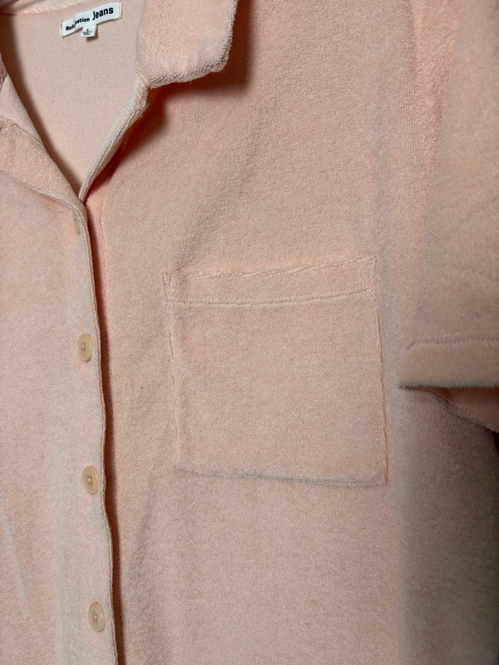 Reformation Jeans Towel Terry Short Sleeve Light Pink Button Up Polo - Picture 5 of 8